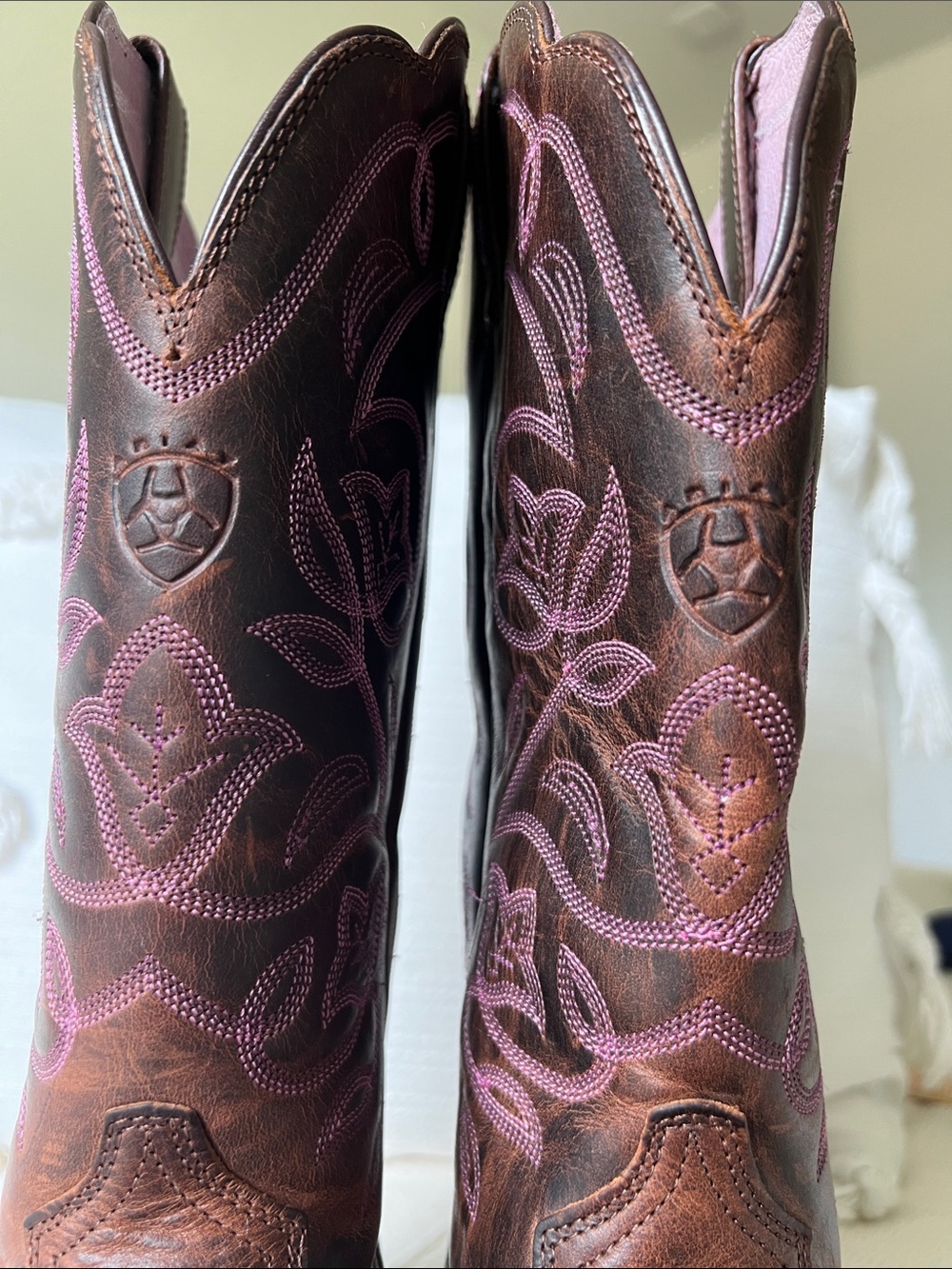Ariat Brown Leather Western Heeled Boots with Pink Stitching - Picture 4 of 12